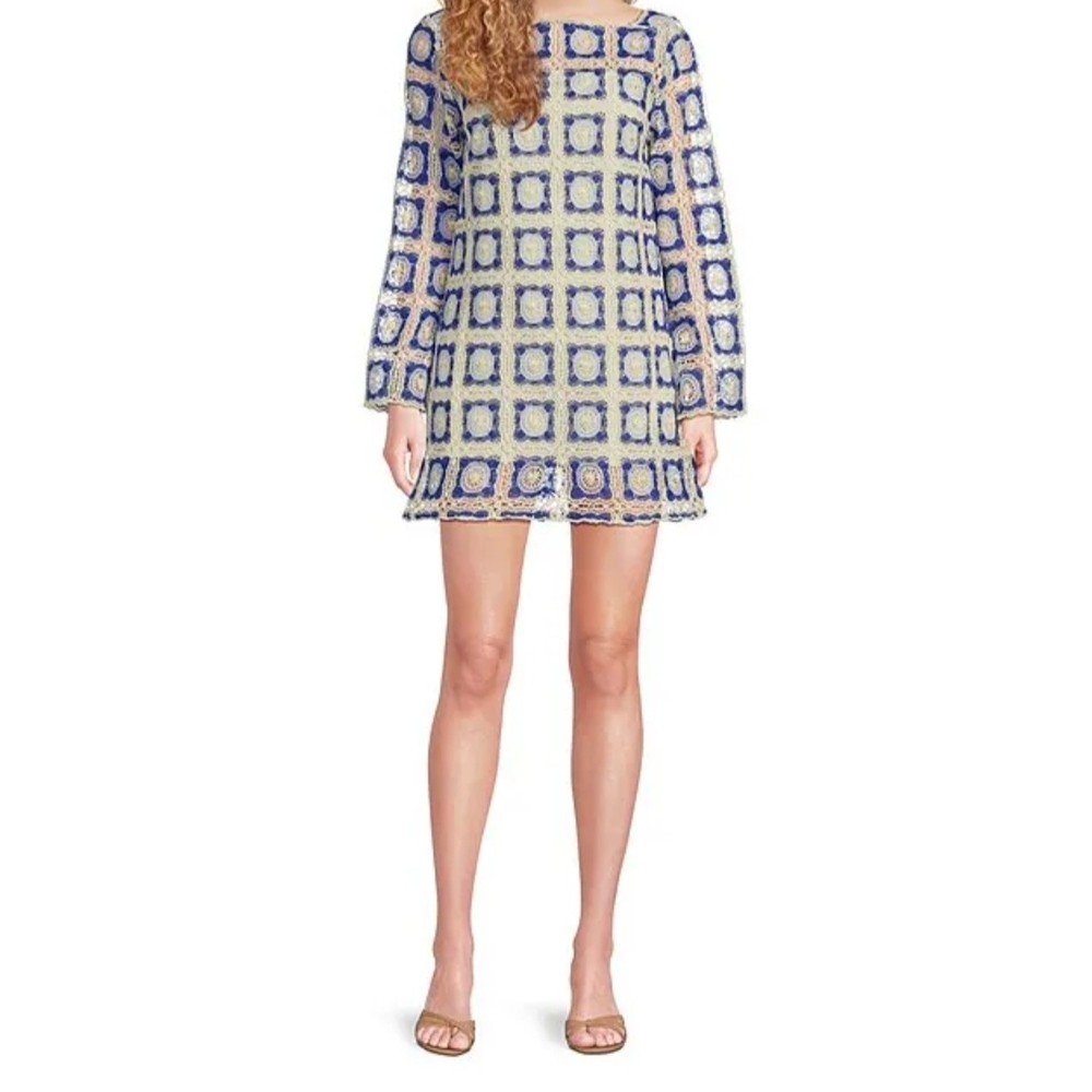 Chelsea & Violet Blue and Cream Long Sleeve Dress